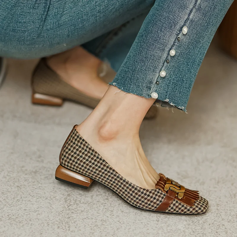 New Style Retro Leather Women's Shoes Fashion Tassel Beads Square Toe Plaid Open Toe Casual Shoes Thick Heel Size 34-40 Handmade