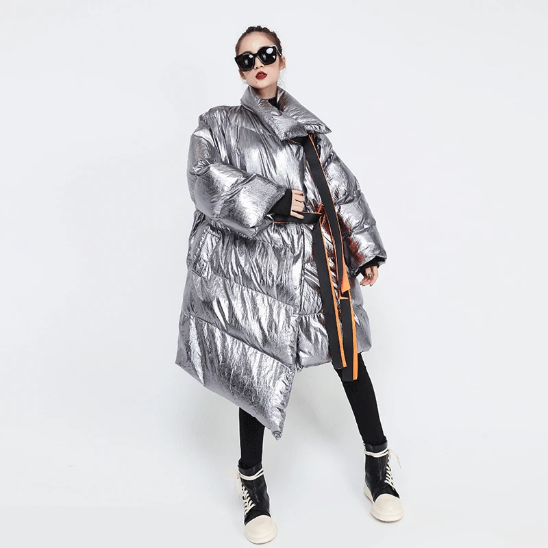 Silver J219 Новинка, женская зимняя Серебряная длинная куртка большого размера, пальто-пузырь с лентами, женская теплая парка, ветровка, стильная верхняя одежда J219 - Цвет: Silver J219