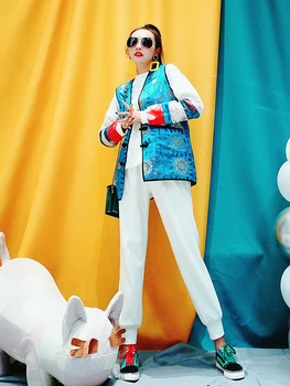 

2020 Original design chic Chinese retro tops streets of leisure tribal style Round collar vest trousers three-piece women sets