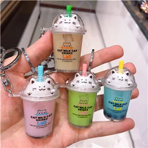 milk tea cat random Брелок для ключей с милым мультяшным котом, креативная чашка для чая, молока, жидкого хрусталя, зыбучий песок, блестящий брелок для ключей, сумка, Подвеска для женщин, брелок для ключей - Цвет: milk tea cat random
