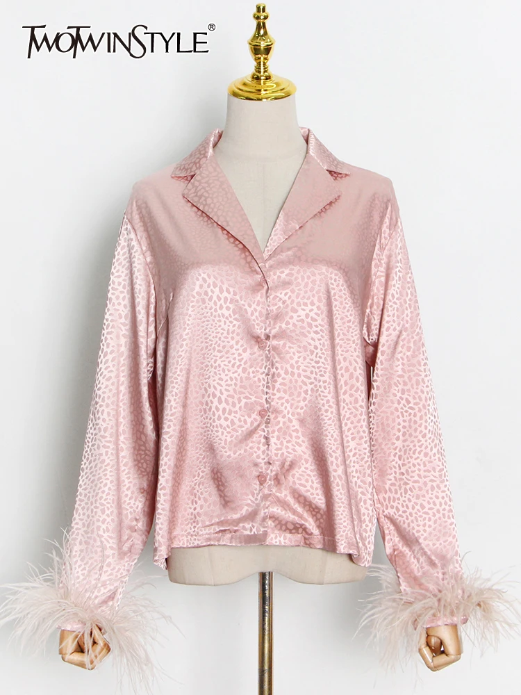 TWOTWINSTYLE Elegant Chiffon Patchwork Feather Shirt For Women Long