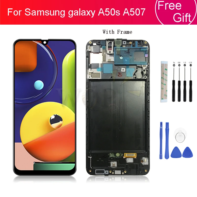 Супер AMOLED для samsung galaxy A50s lcd кодирующий преобразователь сенсорного экрана в сборе+ рамка A507 A507F/DS A507F замена экрана