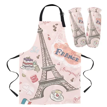 

Apron Kit Paris Pink Retro Eiffel Tower Kitchen Bib Oven Mitts for Cooking Gardening Woman Kids Aprons Cuff Baking Accessories