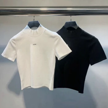 

2020 Women's Fashion Knitted T-shirt Luxury Brand Letter Slim Round Neck Casual Short Sleeve T-Shirt Top Women