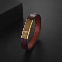 Мужской браслет из воловьей кожи, нержавеющая сталь, магнитная застежка, коричневые, оранжевые кожаные браслеты для мужчин, панк браслет на запястье, модное ювелирное изделие, подарок