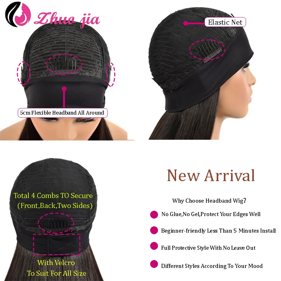 Headband Wig Human Hair Brazilian Kinky Straight Human Hair Wigs For Women Glueless Full Machine Made Wig With Headband Deep Wav