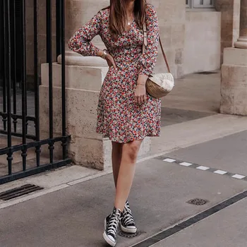 

Women Floral Long Sleeve Mini Dress 2020 New Spring Summer Prairie Chic V Neck Printed Casual Female Short Dresses With Button