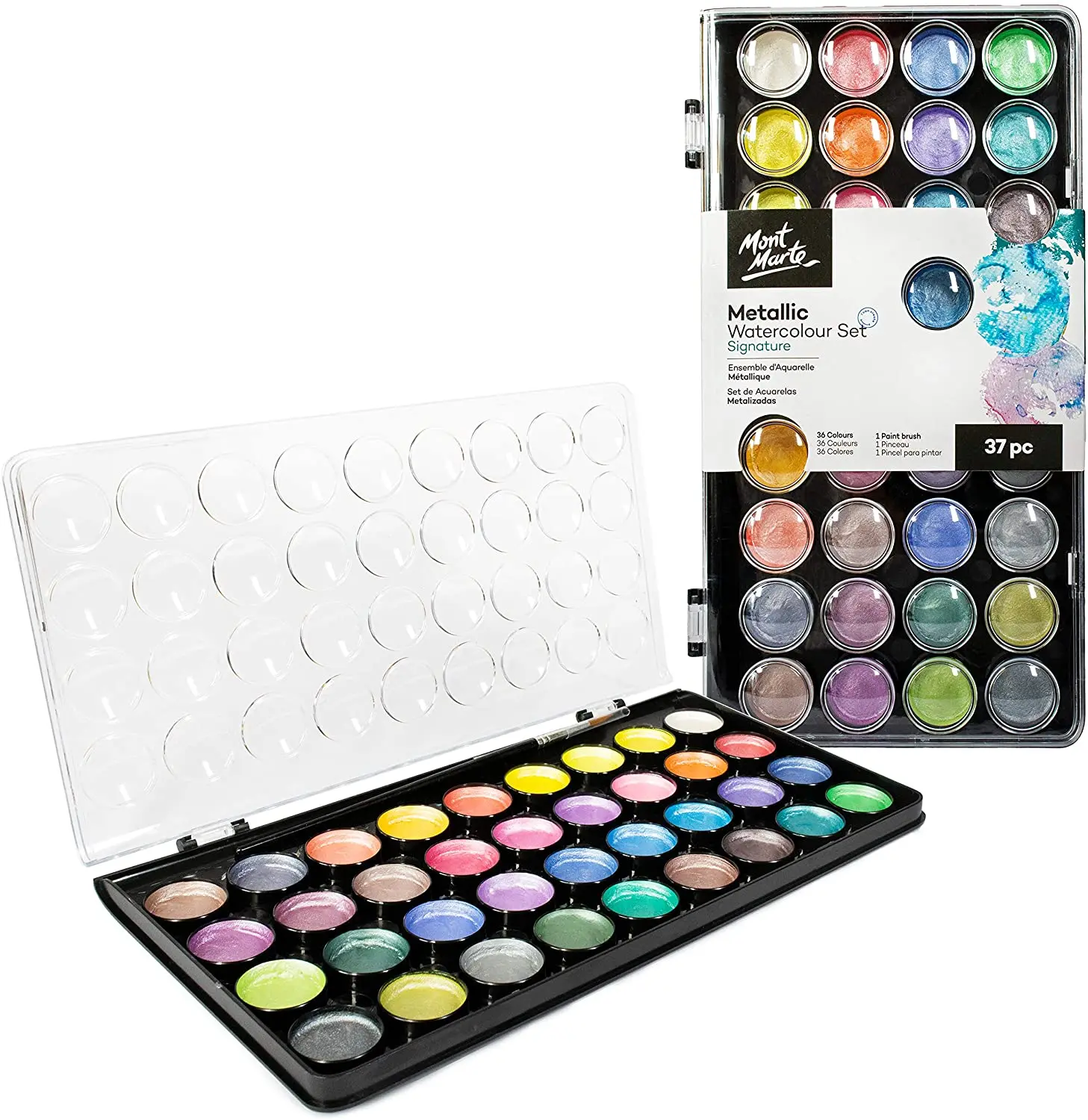 Mont Marte Signature Metallic Watercolor Cake Set, 37 Piece Pearl Paint, 36 Vibrant Colors, 1 Paint Brush