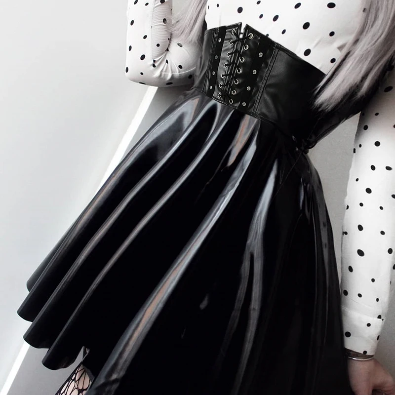 SUCHCUTE Women's Skirts Gothic Harajuku Bandage Faux Leather Korean Fashion Black Mini Pleated Skirts Summer Party Pu Saias