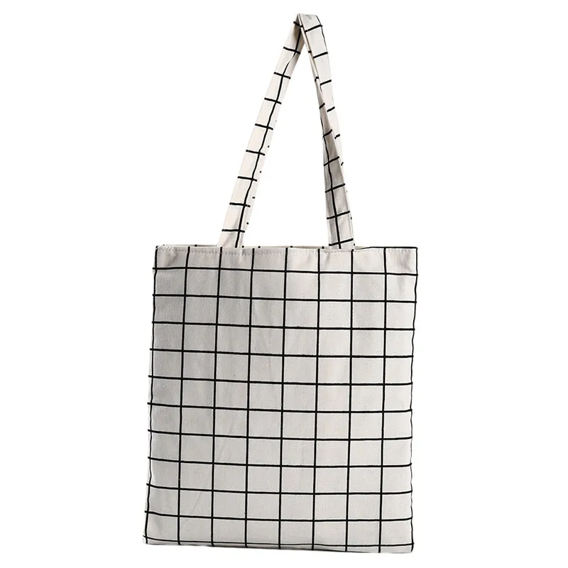 2022 Fashion Durable Women Student Cotton Linen Single Shoulder Bag Shopping Tote Check Plaid Female Flax Canvas Shopping Bags
