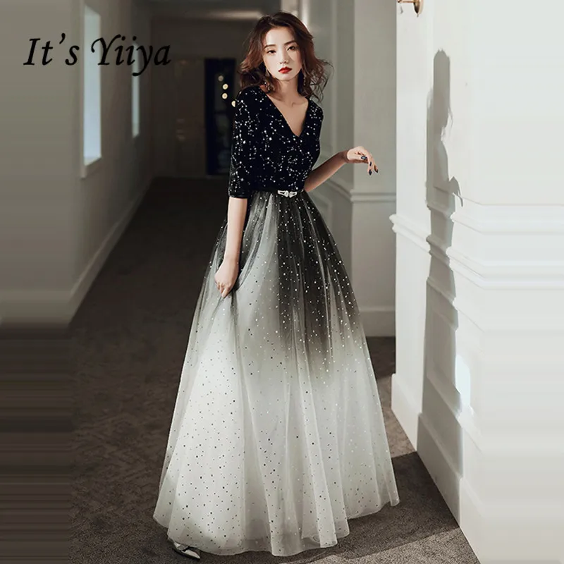 

It's Yiiya Evening Dress For Women Gradient Black Shining Evening Dresses V-neck Formal Gowns Hafl Sleeve robe de soiree LF143