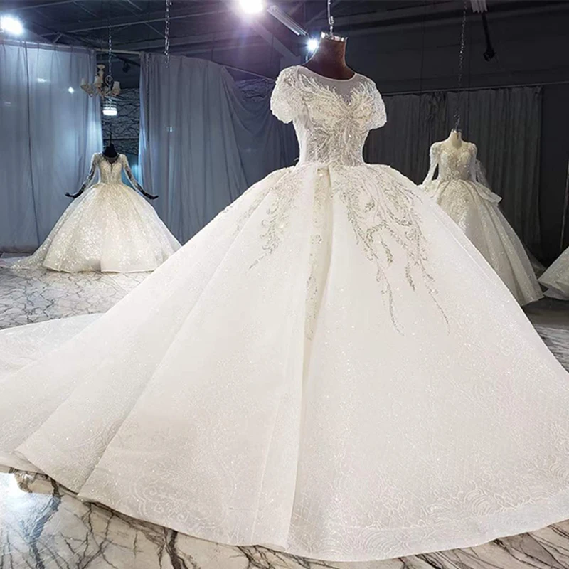 HTL2053 Elegant Extravagant Sequin Crystal Pearls Wedding Dress 2021 Sexy V-Neck Short Sleeve Lace Up Back 3