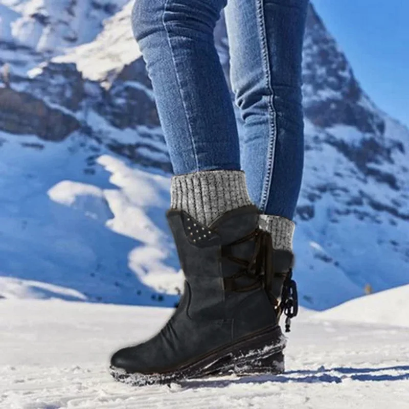 Зимние сапоги на снежную погоду модные женские сапоги до середины икры из искусственной кожи на молнии с задней шнуровкой однотонная обувь на низком каблуке