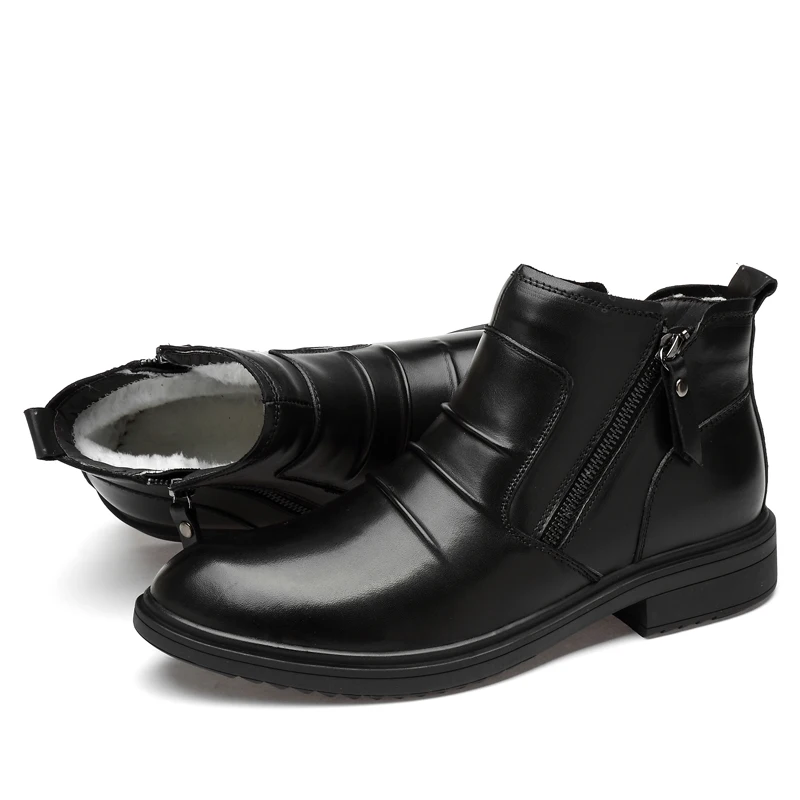Мужская обувь; Новые ботильоны «Челси» из натуральной кожи для повседневной носки; мотоботы; Теплые Зимние Мужские модельные туфли; вечерние Свадебный ботинок - Цвет: Black Fur