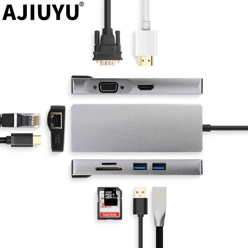 Ajiuyu USB C концентратор type-C адаптер док-станция Thunderbolt 3 мульти порт HDMI VGA USB RJ45 Gigabit Ethernet сплиттер для MateBook Pro Air