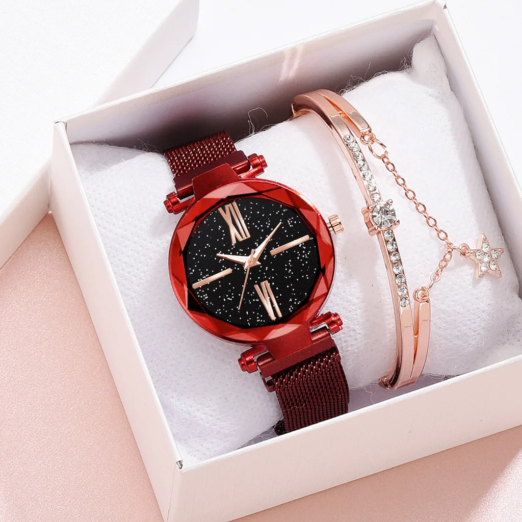 Роскошные женские часы из розового золота, модные женские часы со стразами, звездное небо, магнитные часы, водонепроницаемые женские наручные часы для подарка, часы - Цвет: red with bracelet