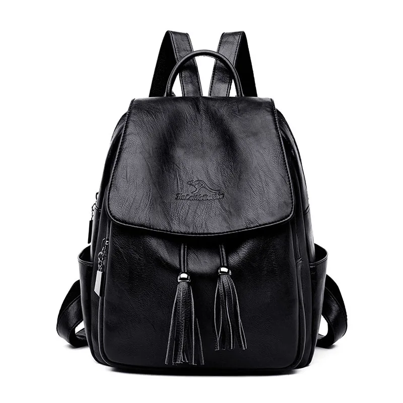 Модный женский рюкзак Mochilas из овечьей кожи с кисточками, Женская дорожная сумка, рюкзаки, школьные рюкзаки для девочек-подростков - Цвет: Black
