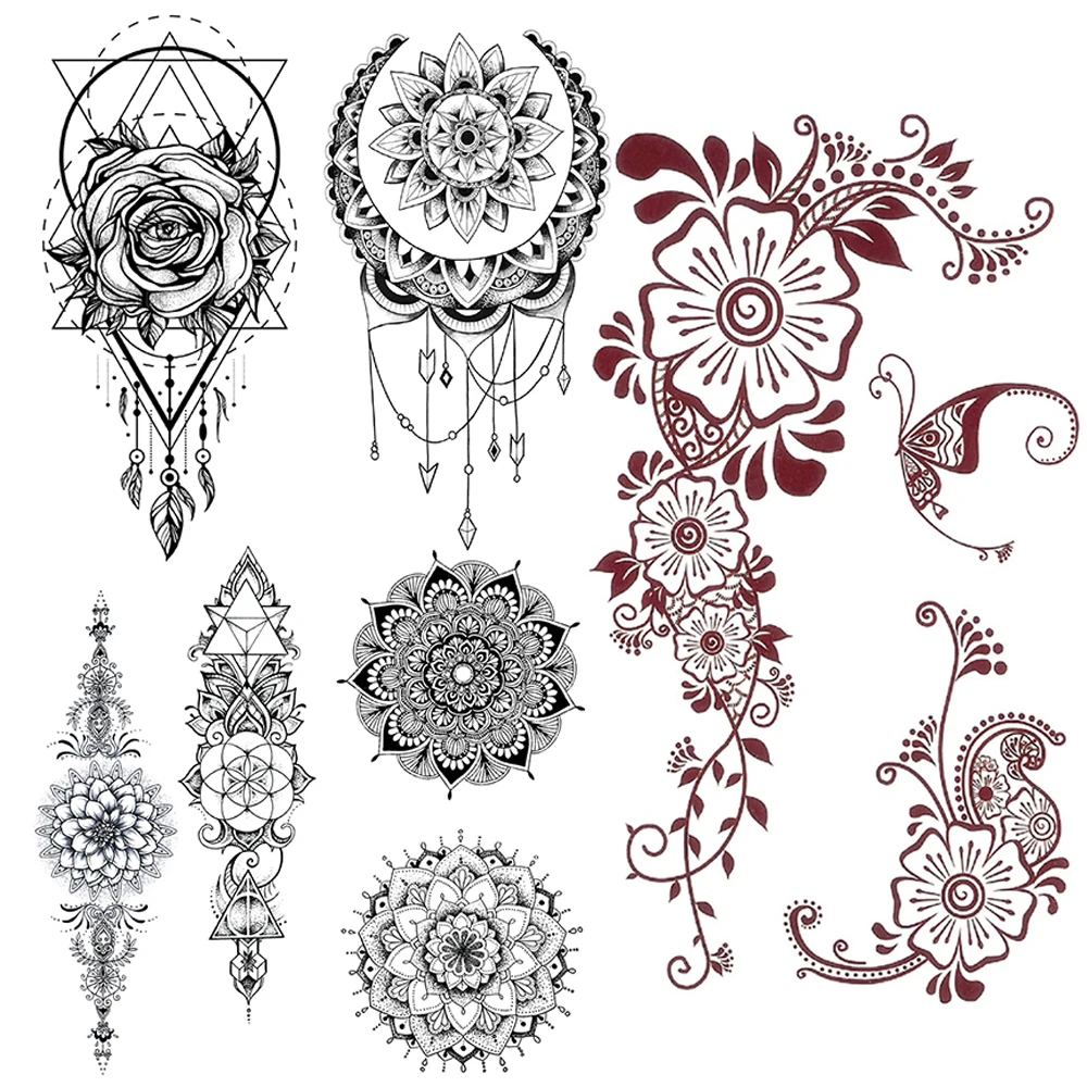 Black Lace Temporary Tattoos For Women Girls Geometric Mandala Henna Flowers Tattoo Pendants Moon Mehndi Waterproof Tatoos Hand | Красота и