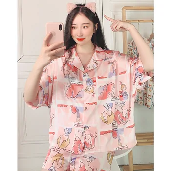 

Summer Print Cartoon Pijamas Suit Sleep Set Women Satin Pajamas Set Sleepwear Casual Lougne 2PCS Shirt&shorts Nightwear Homewear