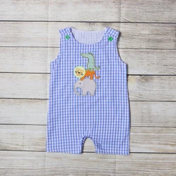 Barboteuse à carreaux bleu pour garçon, vêtements d'été, sans manches, motif éléphant Lion et Crocodile brodé, barboteuse pour tout petit 