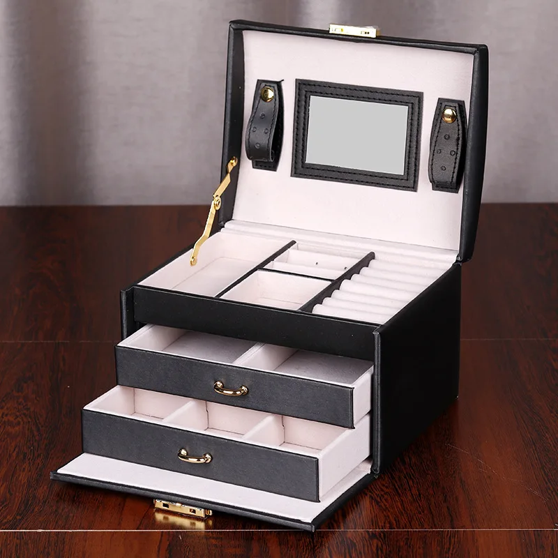 Jewelry Storage Organizer Drawers Box Mirror Leather Jewelry Box