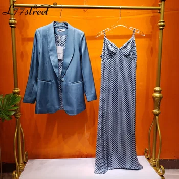 

Select Shop Moonsea Light Luxury Lady Blue-Green Suit Jacket + Houndstooth Dungaree Dress Two-Piece Set 20 New