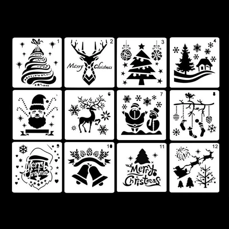 para manualidades muñeco de nieve alce de nieve 12 plantillas de pintura plástica 25,4 x 17,8 cm campana de dibujo árbol de Navidad diseño de Papá Noel 