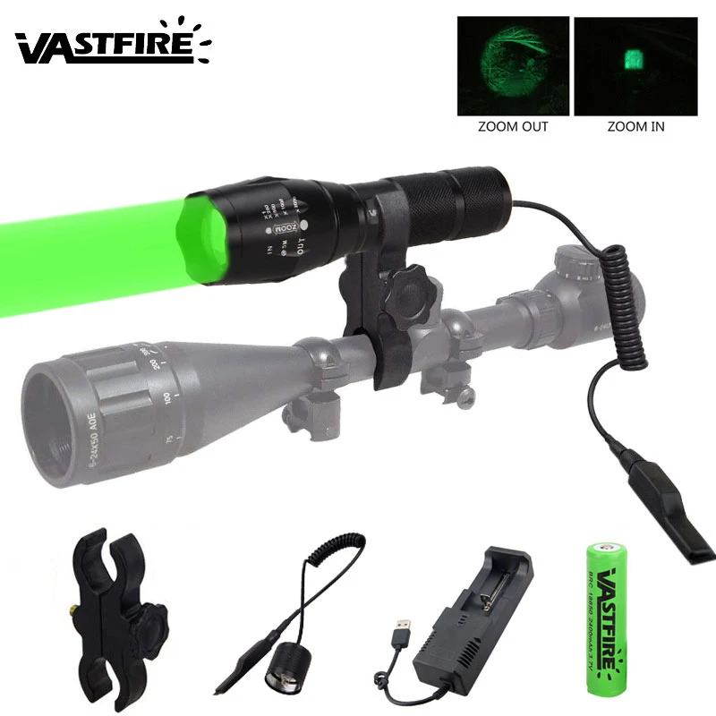 

A100 Green LED Light Tactical Flashlight Zoomable Spot Flood Light Torch Hunting Lamp with Pressure Switch+18650 Battery