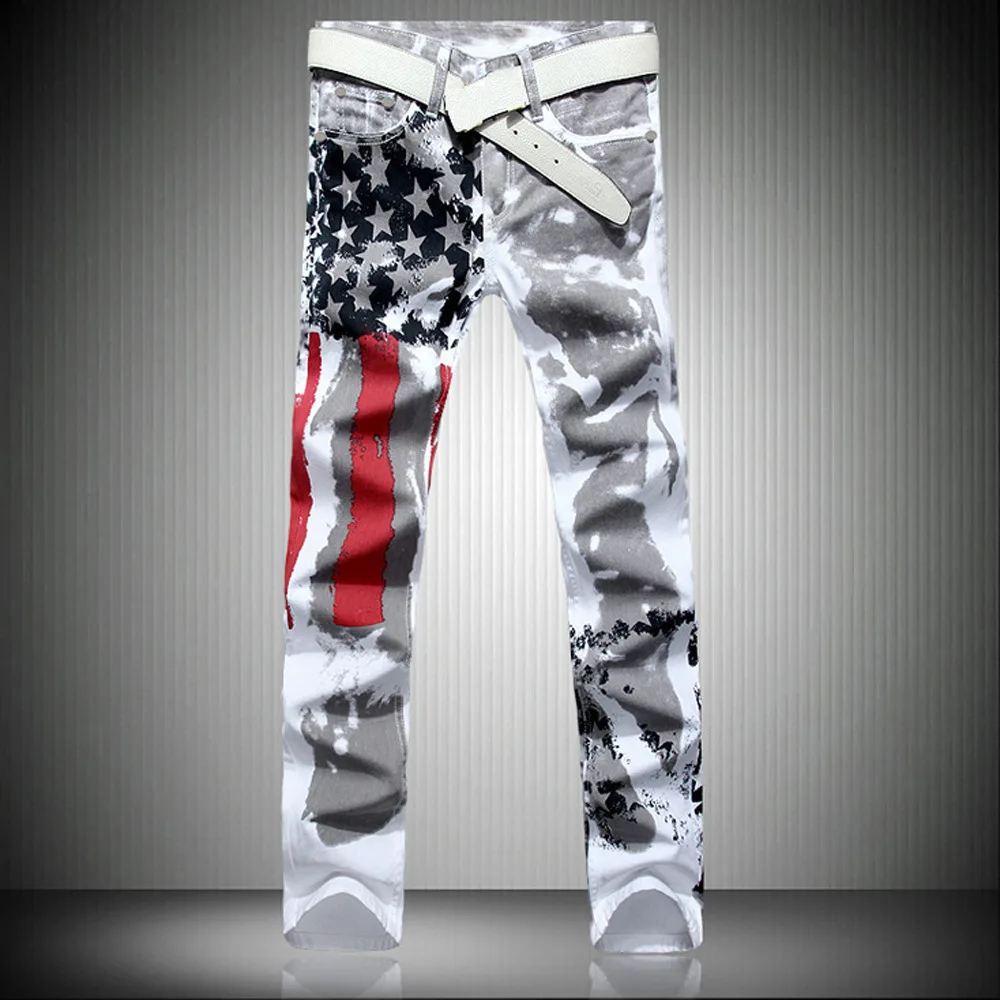 

2019 Men New Style White Printed Jeans Ultra-stretch Slim Fit Casual Five-pointed Star Red Stripe Large Size Trousers