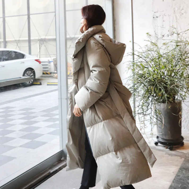 Хлопковая стеганая одежда с капюшоном на шнуровке, женское свободное пуховое пальто, корейский стиль, толстый пуховик выше колена, средней длины, Cott