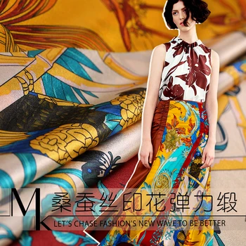 

Summer New Brand Digital Printed 97%silk 3%spandex Charmeuse Fabric Dress Design Cloth Diy Sewing Free Shipping 112cm 19Momme