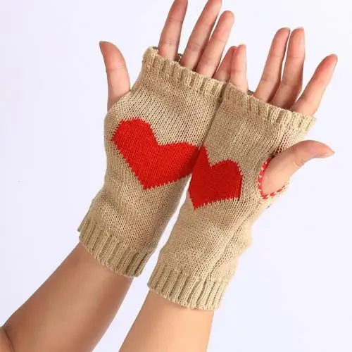 Женские зимние перчатки с принтом сердца, мягкие перчатки без пальцев, теплые вязаные перчатки, черный, белый, красный, серый цвет, guantes mujer - Цвет: Кофе
