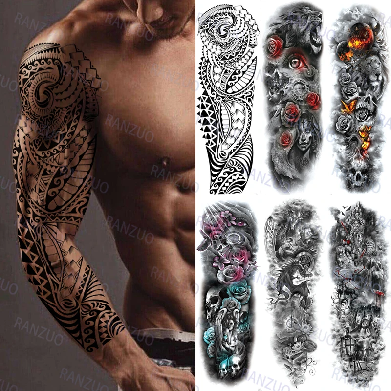 Men And Women Lion Tiger Skull Eagle Totem Geometric Big Arm Sleeve  Temporary Waterproof Tattoo Sticker - Temporary Tattoos - AliExpress