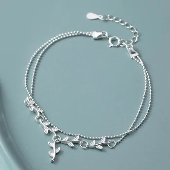

s925 silver female simple literary glossy branch and leaf bracelet temperament double-layered bracelet