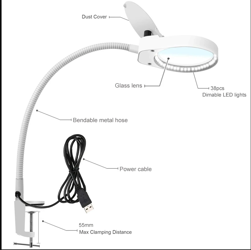8X15X светодиодный увеличительный светильник с металлическим зажимом, настольная лампа с бесступенчатым креплением Dimmin, лупа, светодиодный светильник 3X10X, объектив диаметром 100 мм белого цвета