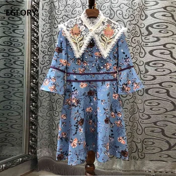 

Vintage Retro Dress 2019 Autumn Women Ruffled Collar White Lace Embroidery Beading Deco Flare Sleeve Noble Party Blue Dress