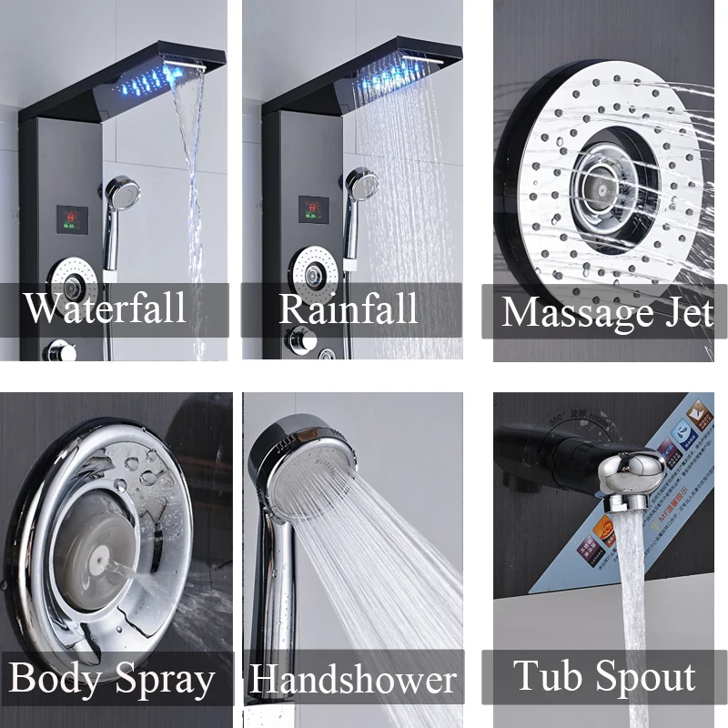 Newly-Luxury-Black-Brushed-Bathroom-Shower-Faucet-LED-Shower-Panel-Column-Bathtub-Mixer-Tap-With-Hand (2)