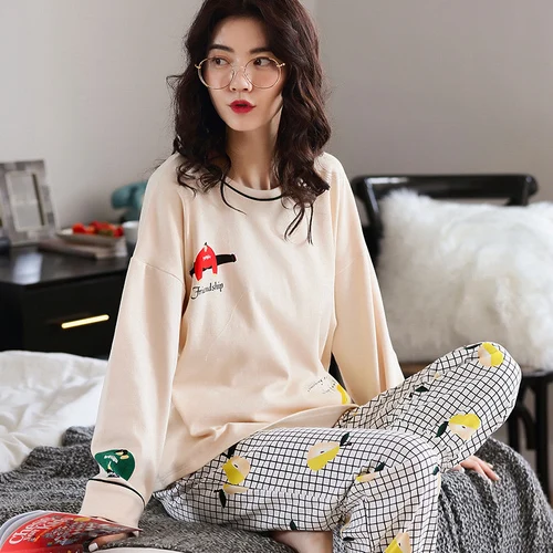 Женские пижамные комплекты, корейский красивый мультяшный Пижамный костюм из чистого хлопка, женский домашний костюм с длинными рукавами, женская одежда для отдыха, m-xxl - Цвет: 66064