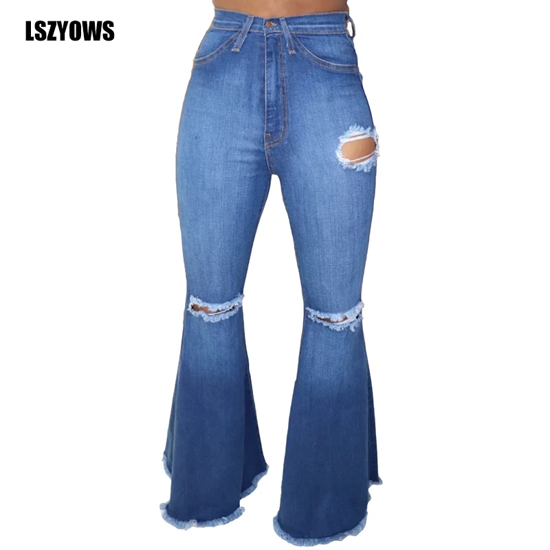 Fashion Denim Flare Pants Women Retro Hole Ripped Skinny Jeans Wide Leg Trousers Autumn Lady Casual Bell-Bottom Jeans Streetwear