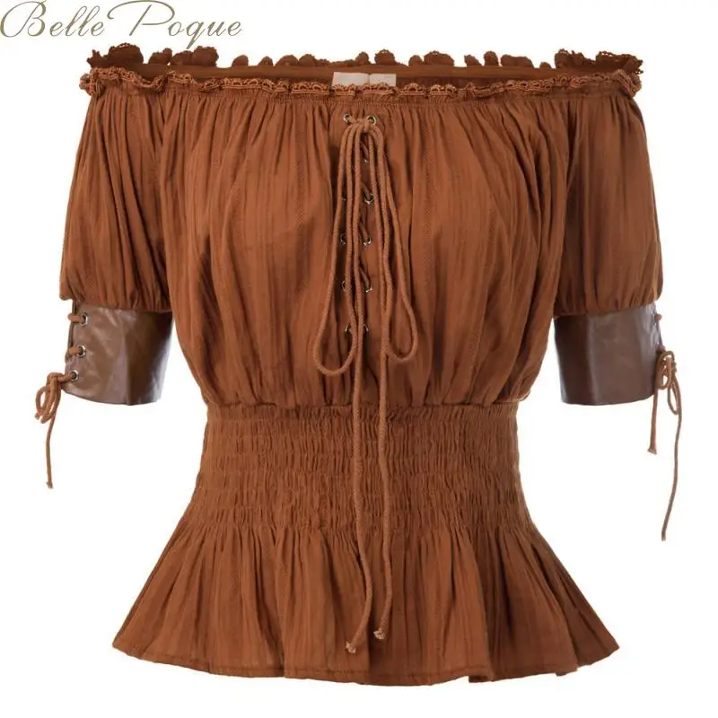 Belle Poque, женские топы, винтажная рубашка, с открытыми плечами, половина рукава, готические топы, Ретро стиль, для девушек, стимпанк, повседневная одноцветная футболка