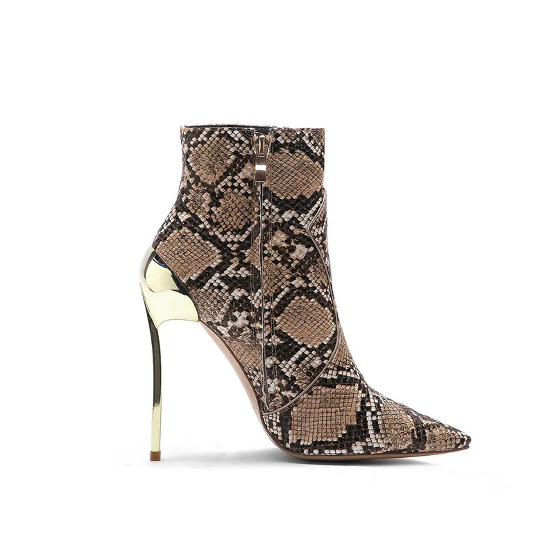 KATELVADI Winter Ankle Boots Women PU Leather Brown Snake Pattern 12.5CM High Heels Sexy Party Short Boots Pointed Toe K-561