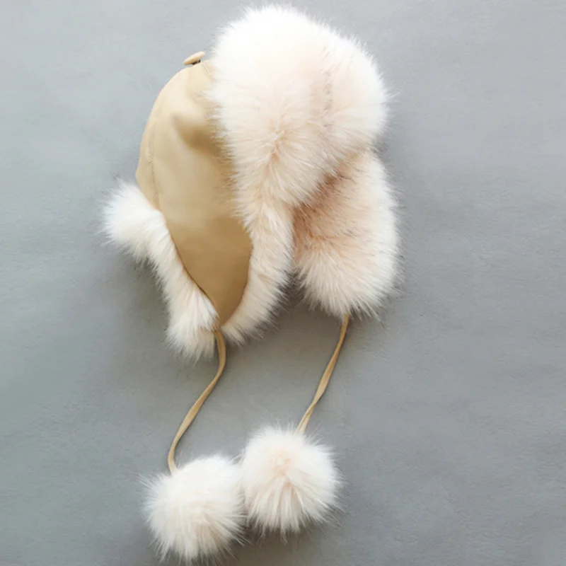 

Winter Kids Hat Pu Leather Ball Fur Windproof Ushanka Hat for Children Boys Girls Warm Hat