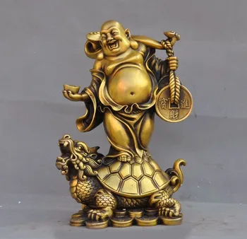 

wedding decoration Chinese buddhism brass wealth yuanbao Ruyi dragon turtle Maitreya Buddha statue New Year