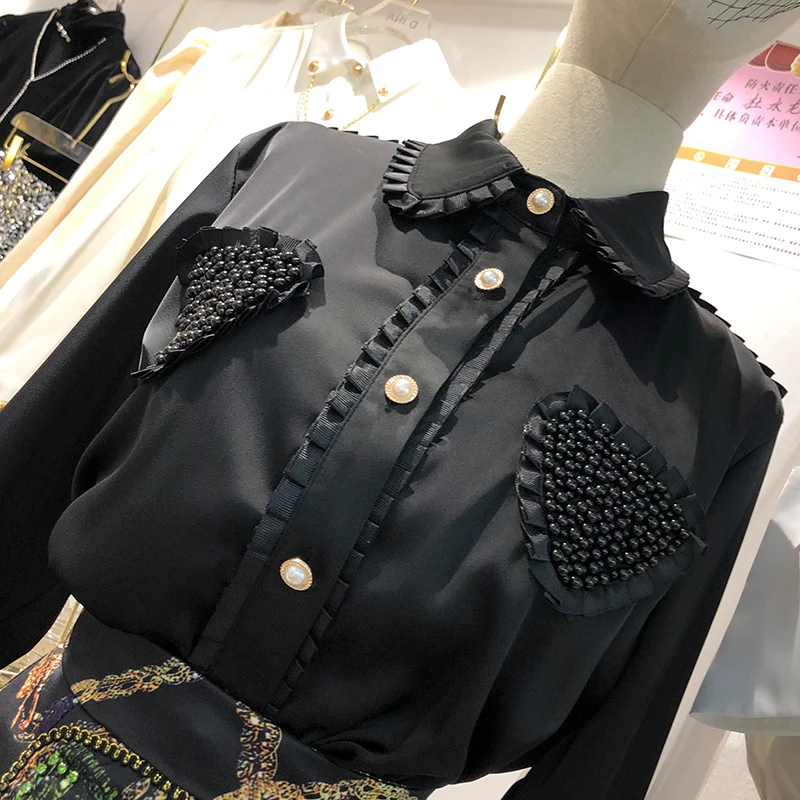 AELESEEN Office Ladies White Black Shirt High