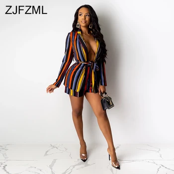 

Colorful Striped 2 Piece Set Autumn Clothes for Women Full Sleeve Lace Up Long Coat and Bodycon Shorts Vintage Causal Track Suit