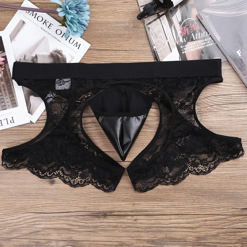 Мужские кружевные трусы боксеры FEESHOW черные открытые с заниженной талией и