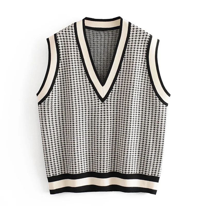 AGong Casual Houndstooth Vests Women Fashion Loose V Neck Coats Women Elegant Pullover Vests Female Ladies KH
