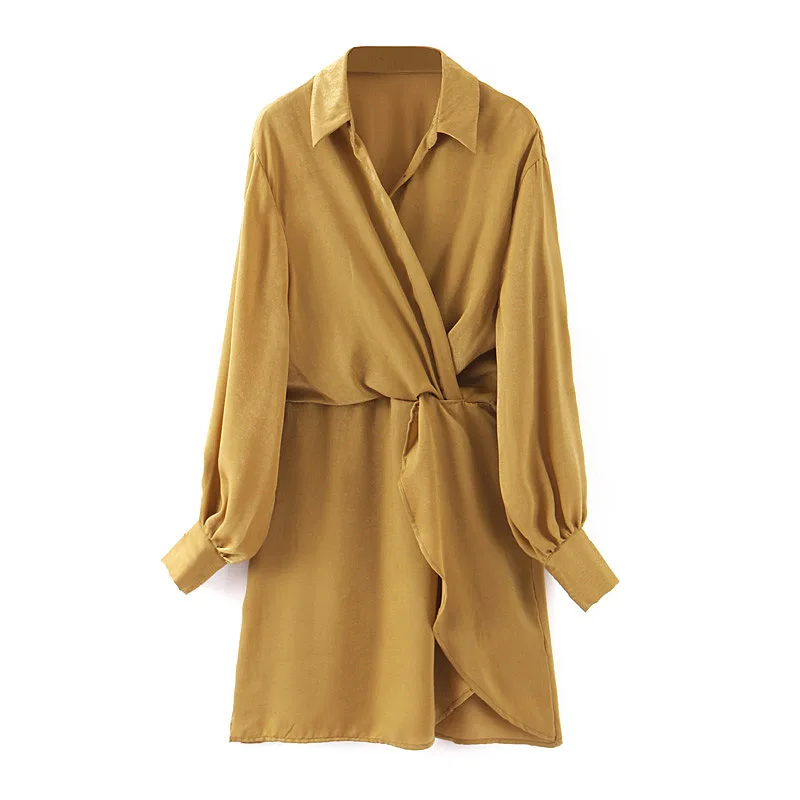 

Moirlicer women vintage solid dress turn down collar long sleeve elastic waist casual dresses chic knee length vestidos