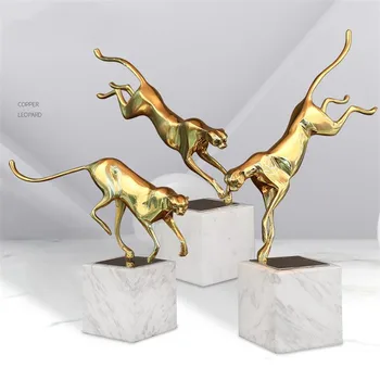 

3pcs/set Light Luxury Crafts Lucky Leopard Sculpture Ornaments Yellow Copper Leopard Marble Base Home Decoration Furnishings