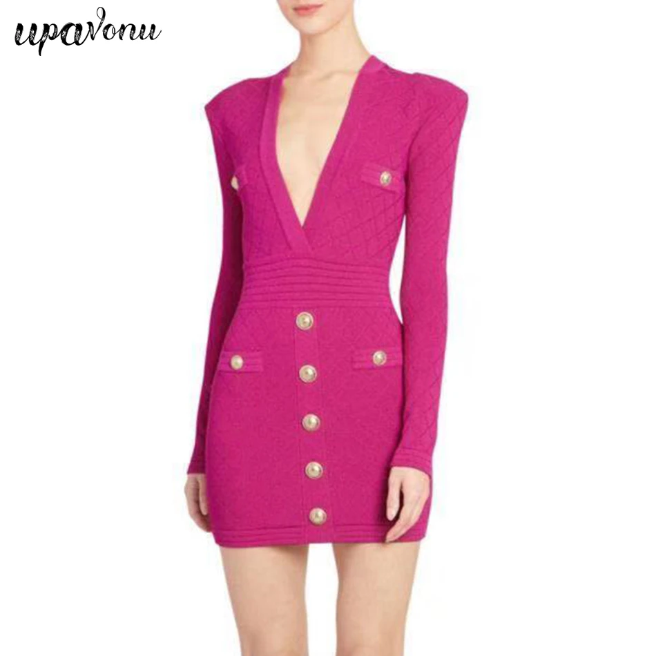 

2019 Autumn Winter Dress Women's Runway Dress Luxury Gold Button V-neck Dress Long Sleeve Mini Party Dress Vestidos